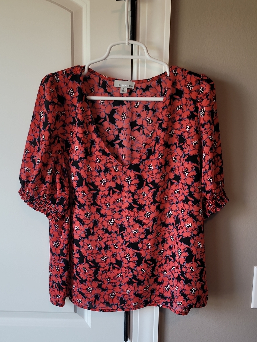 Allison Joy Coral Red Floral Puff Sleeve Blouse Size Large